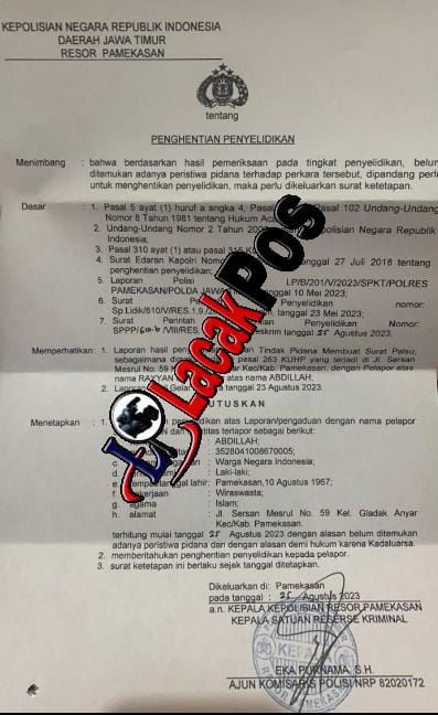 Surat Pemberitahuan Penghentian Penyelidikan (SP3) dari Reskrim Polres Pamekasan